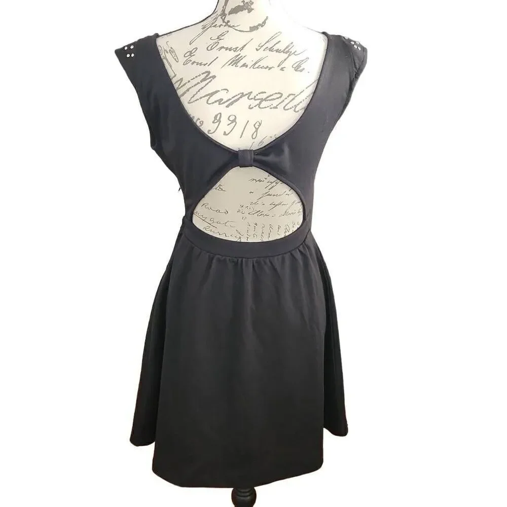 Kirra Women's Size Medium Black Back Cutout Studded Shoulder Skater Dress